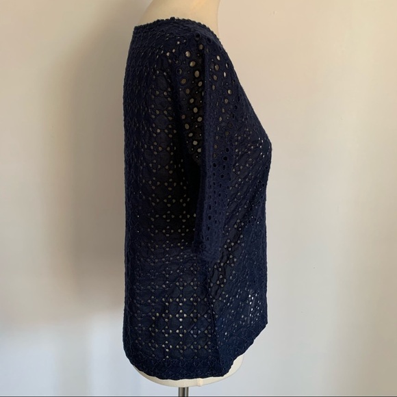 LOFT Geo Mix Eyelet Short Sleeve Navy Top - Picture 12 of 15